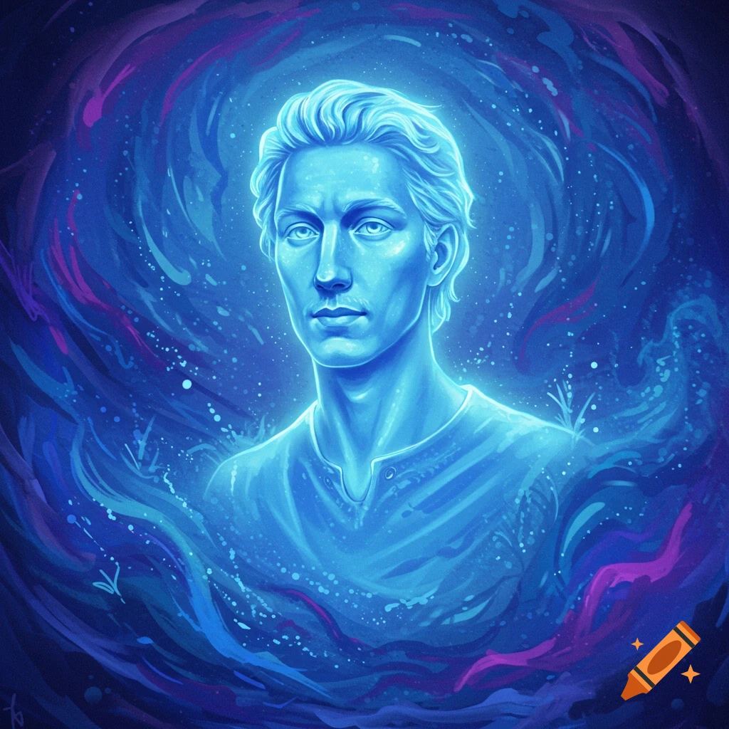 A glowing blue man is surrounded by swirling blue and purple energy.