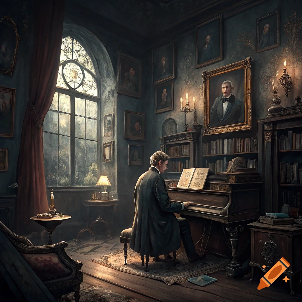 A man plays piano in a dark, moody room filled with books and paintings, large window, painterly style.