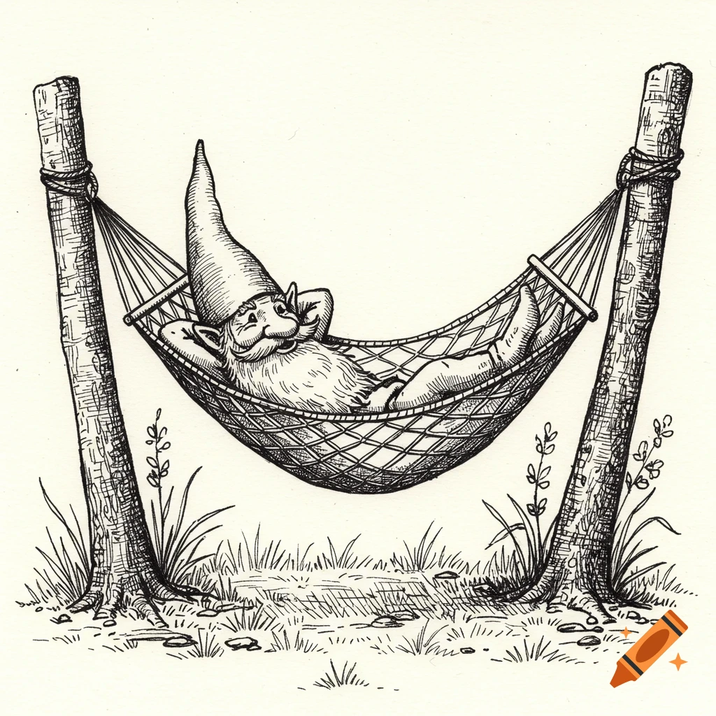 A pen and ink drawing of a gnome relaxing in a hammock.