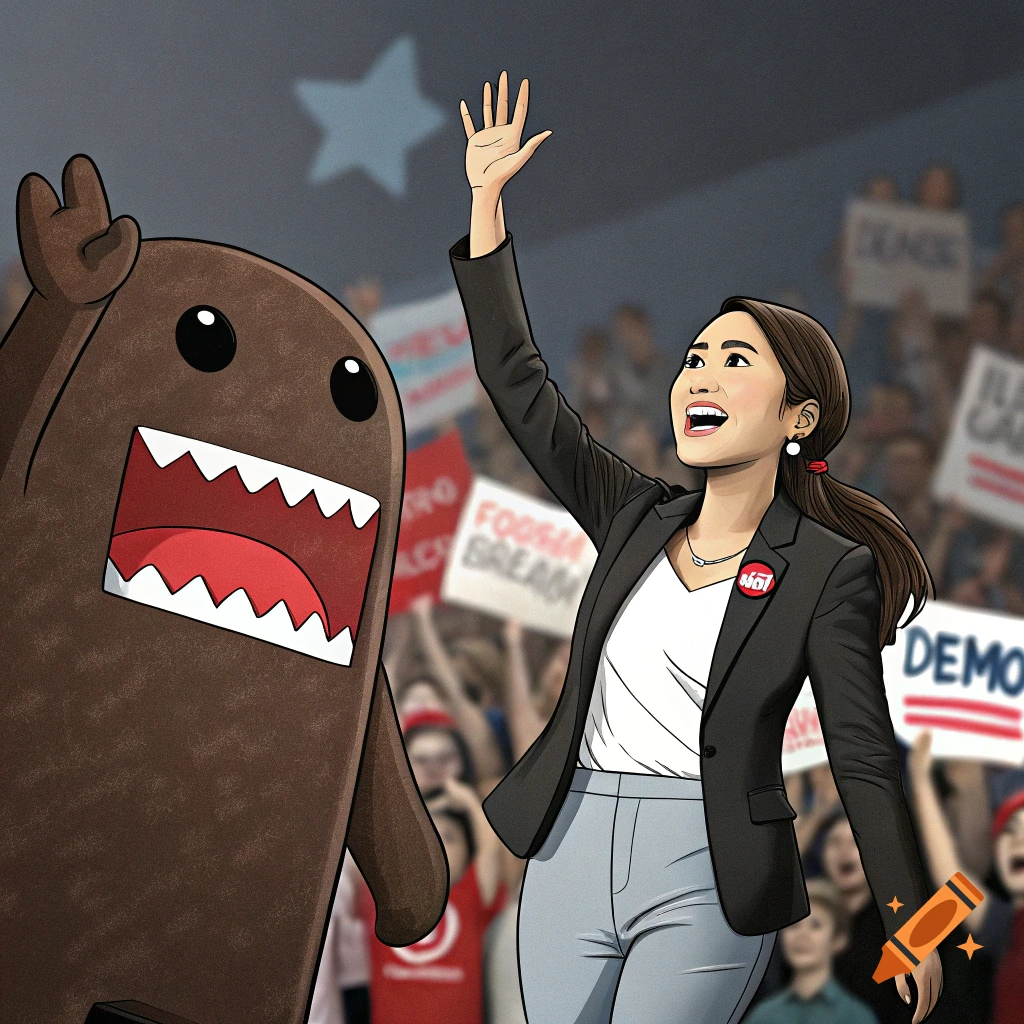 Cartoon illustration of a woman with a Domo-Kun head waving at a crowd holding signs.