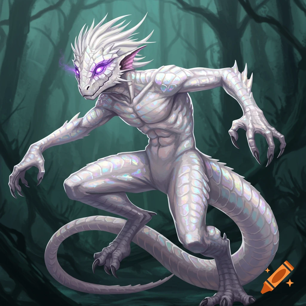 A white-scaled humanoid reptilian creature with purple eyes in a dark forest.
