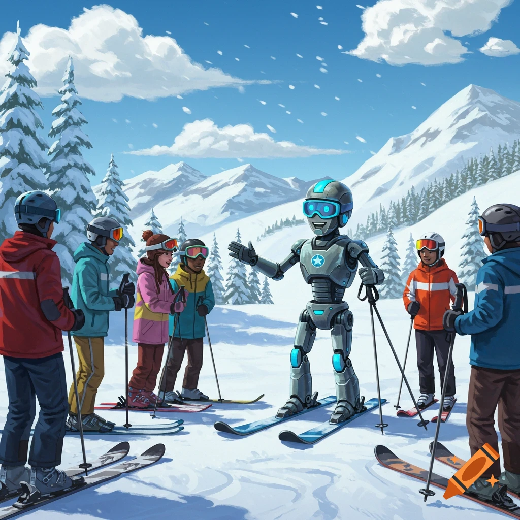 A robot instructs a group of people how to ski on a snowy mountain slope.