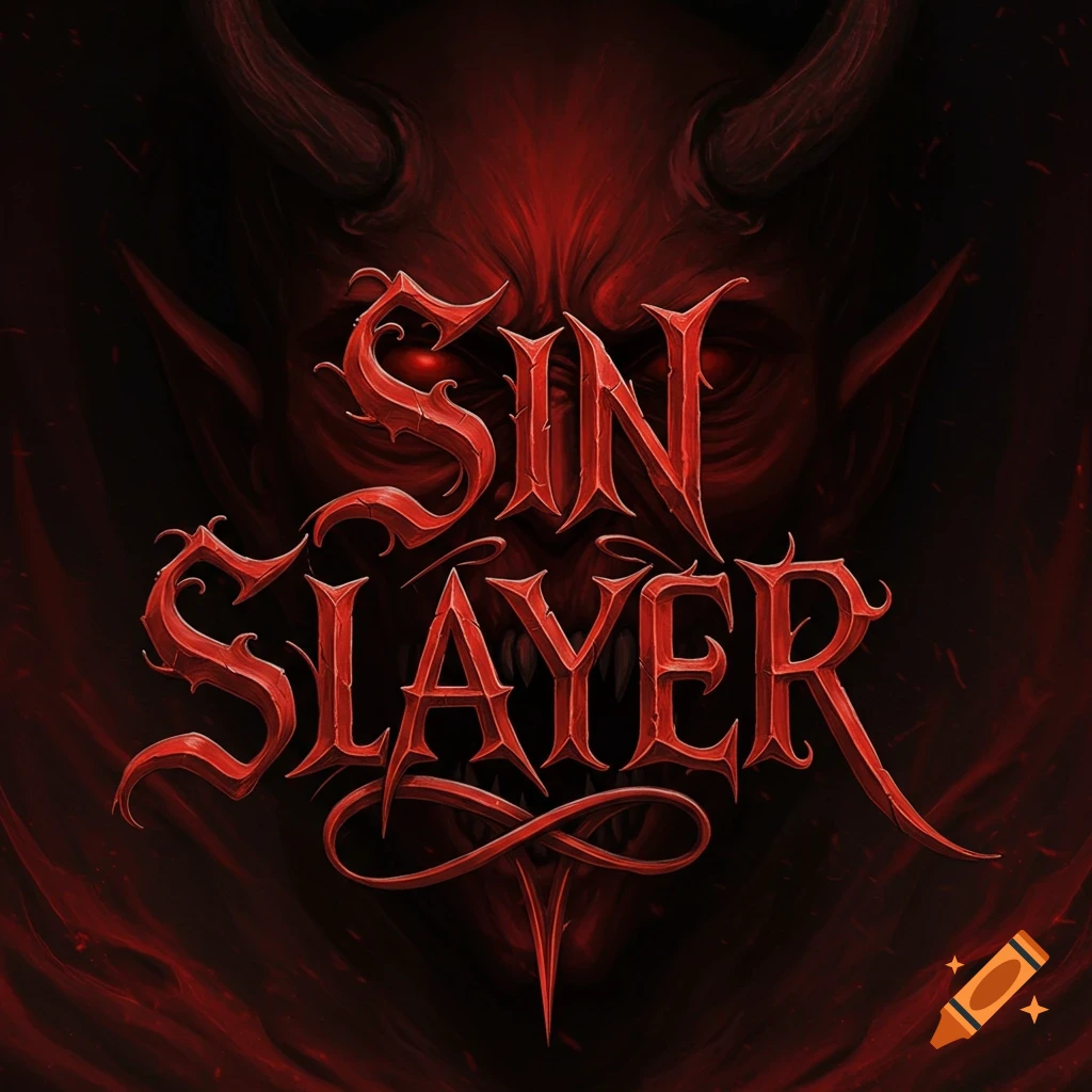 Red stylized text 'SIN SLAYER' over a dark demon face. Digital art.
