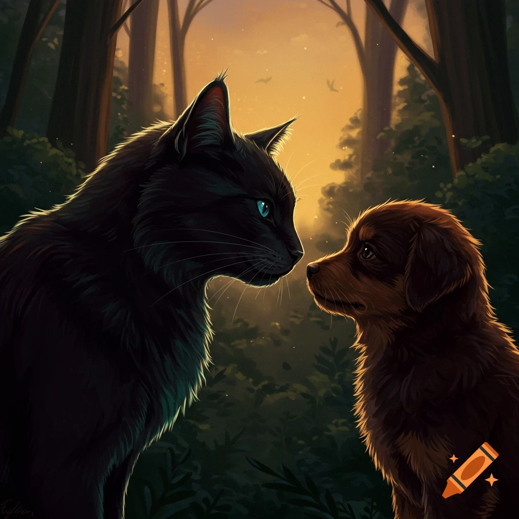 A black cat and brown dog look at each other in a forest at sunset.