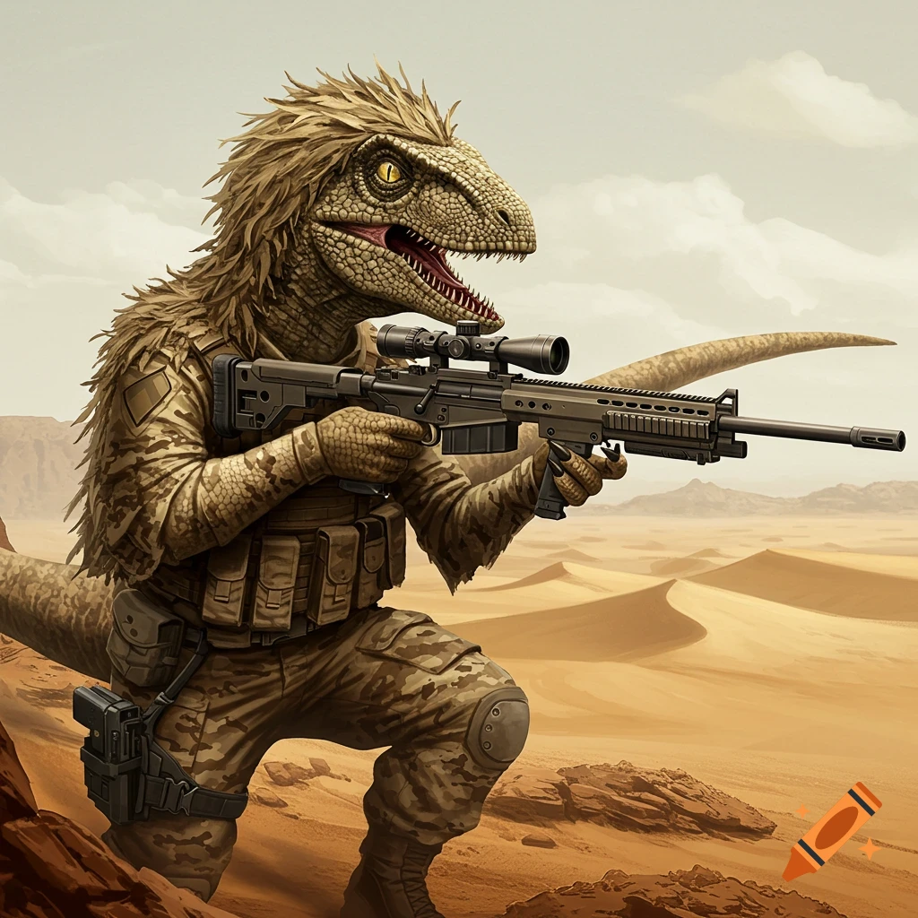 A velociraptor wearing military camouflage and tactical gear holds a sniper rifle in a desert landscape.