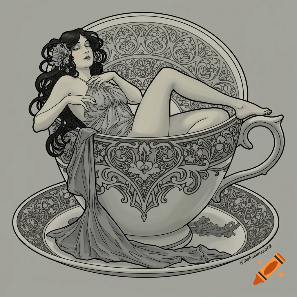 Illustration of a woman in a dress lying inside a large teacup, in an art nouveau style.
