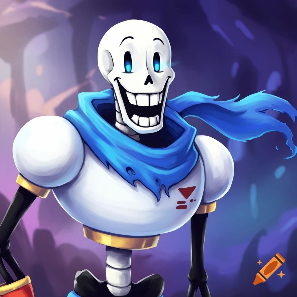 The skeleton character Papyrus, wearing a blue scarf and smiling widely.