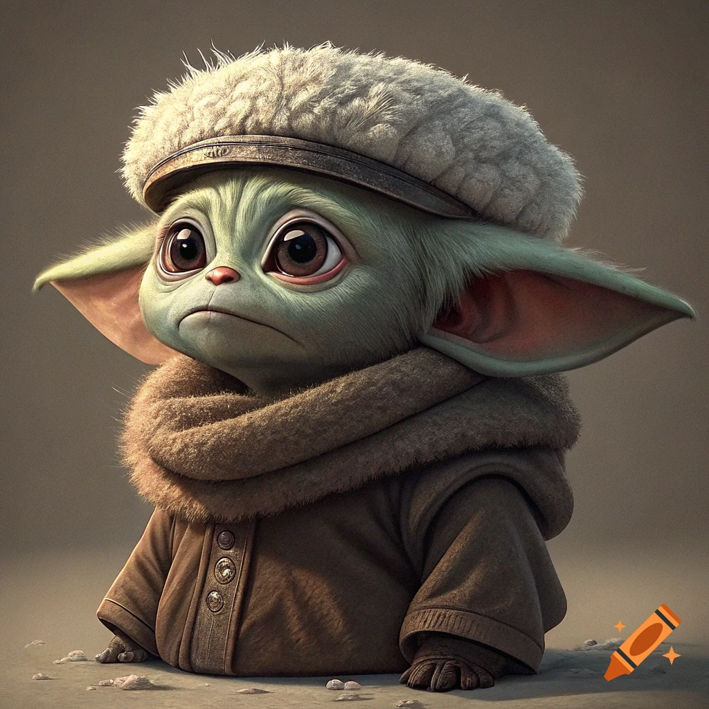 Grogu, the character from Star Wars, wearing a fluffy ushanka hat and a scarf.