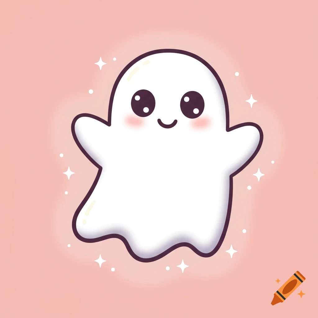 A cute, floating cartoon ghost with big eyes and rosy cheeks on a pink background with sparkles.