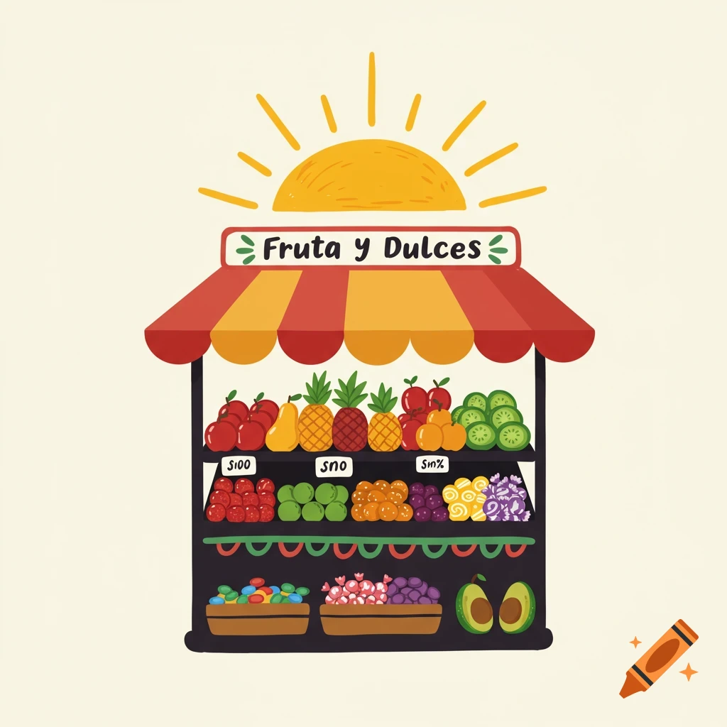 Illustration of a fruit and candy stand icon.