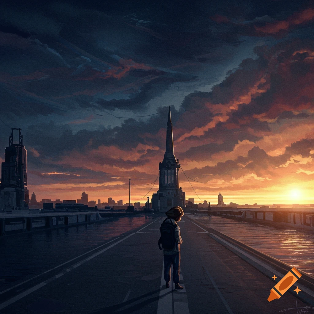 A person stands on a bridge overlooking a futuristic city at sunset.