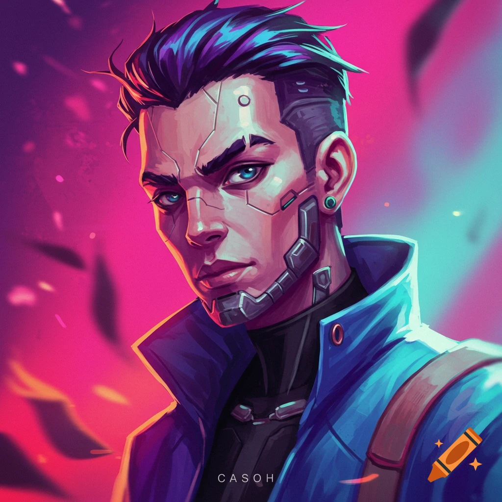 A stylized image of a man with blue eyes, dark hair, and cybernetic implants on his face and ear, against a vibrant pink and blue background.