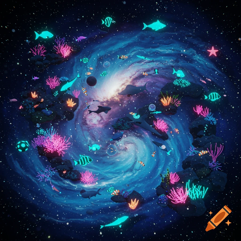 A 3D cosmic scene depicting a spiral galaxy filled with glowing ocean life including various fish, sharks, rays, and coral.