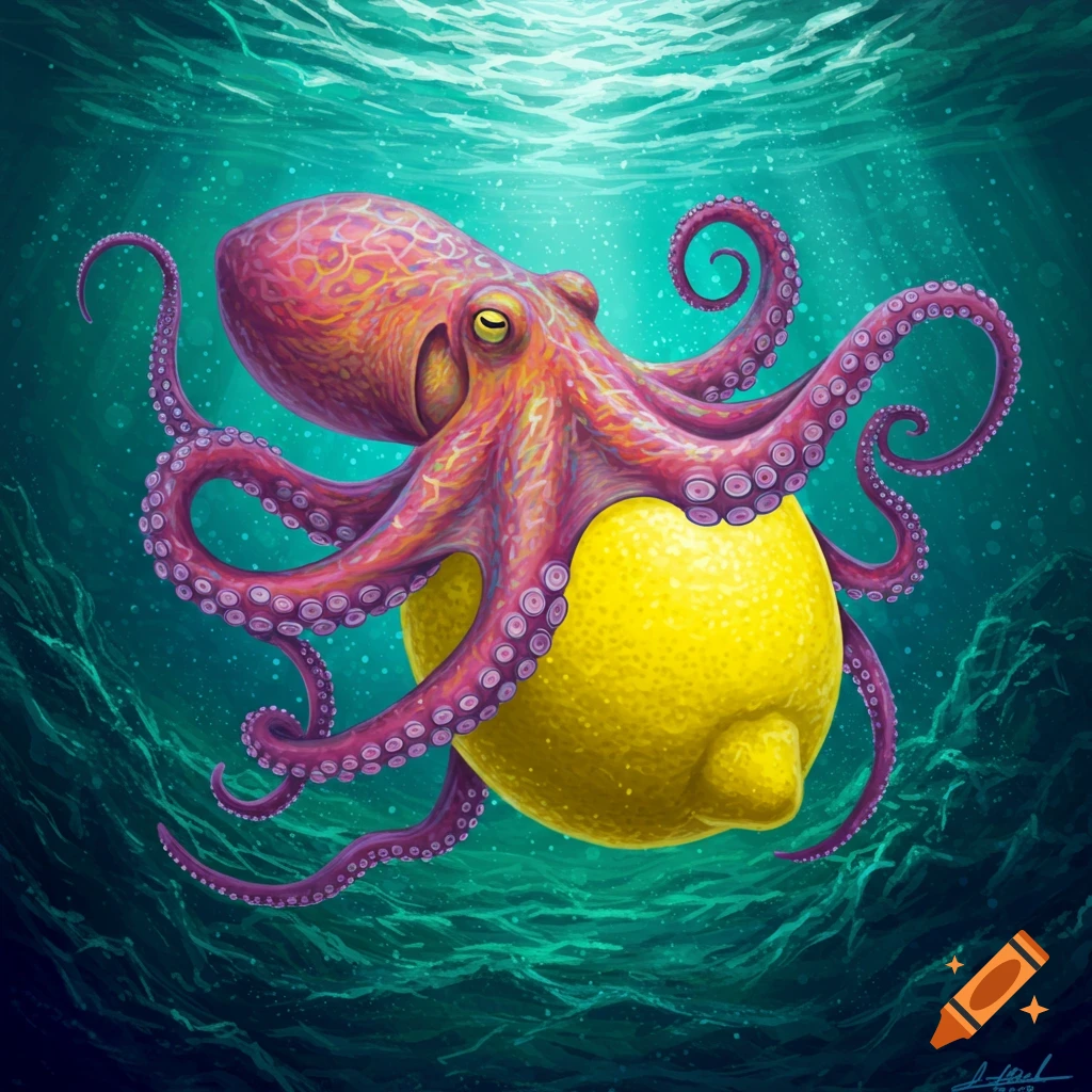 A pink and purple octopus fused with a yellow lemon swims underwater.