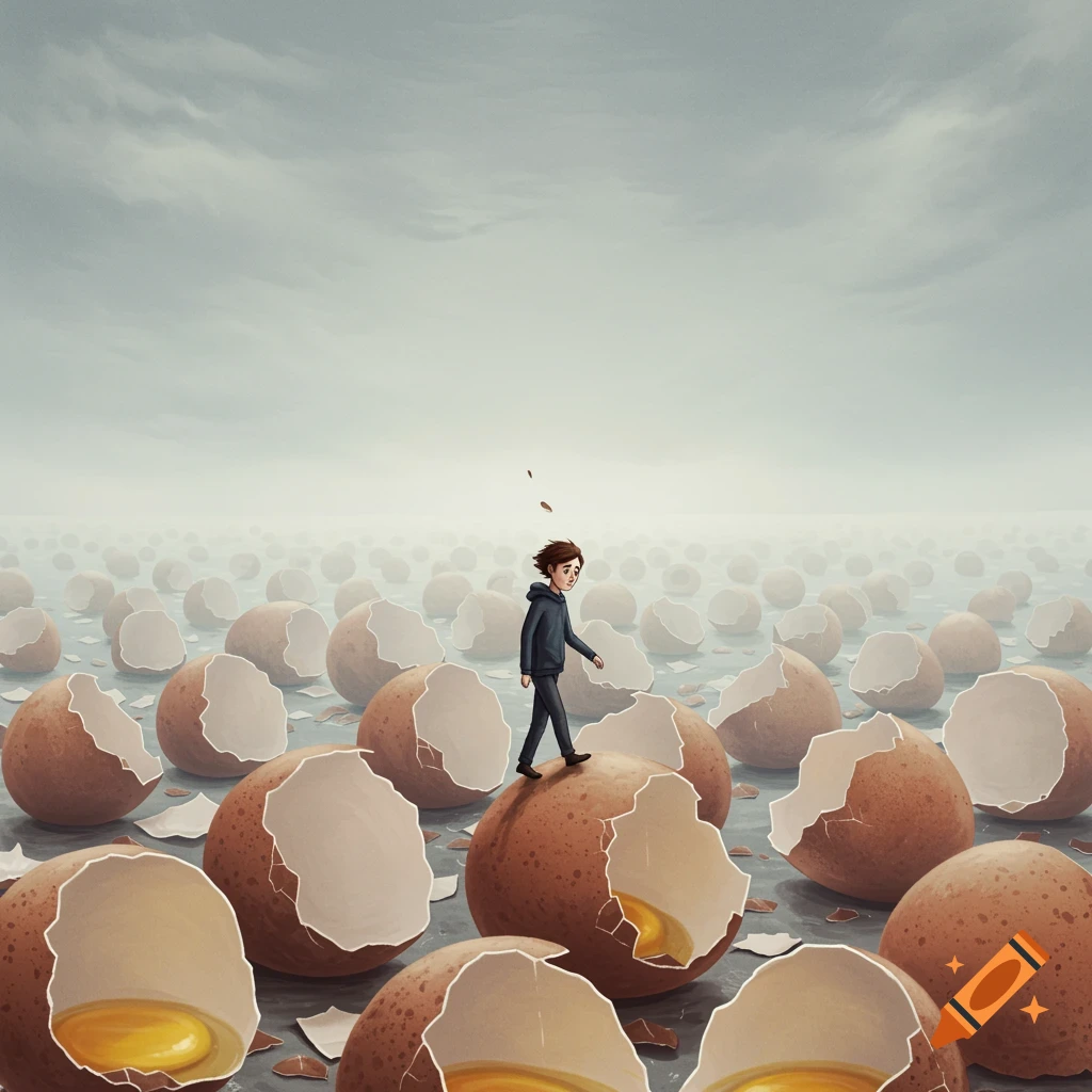 A person walks carefully across a vast field of broken eggshells under a cloudy sky.
