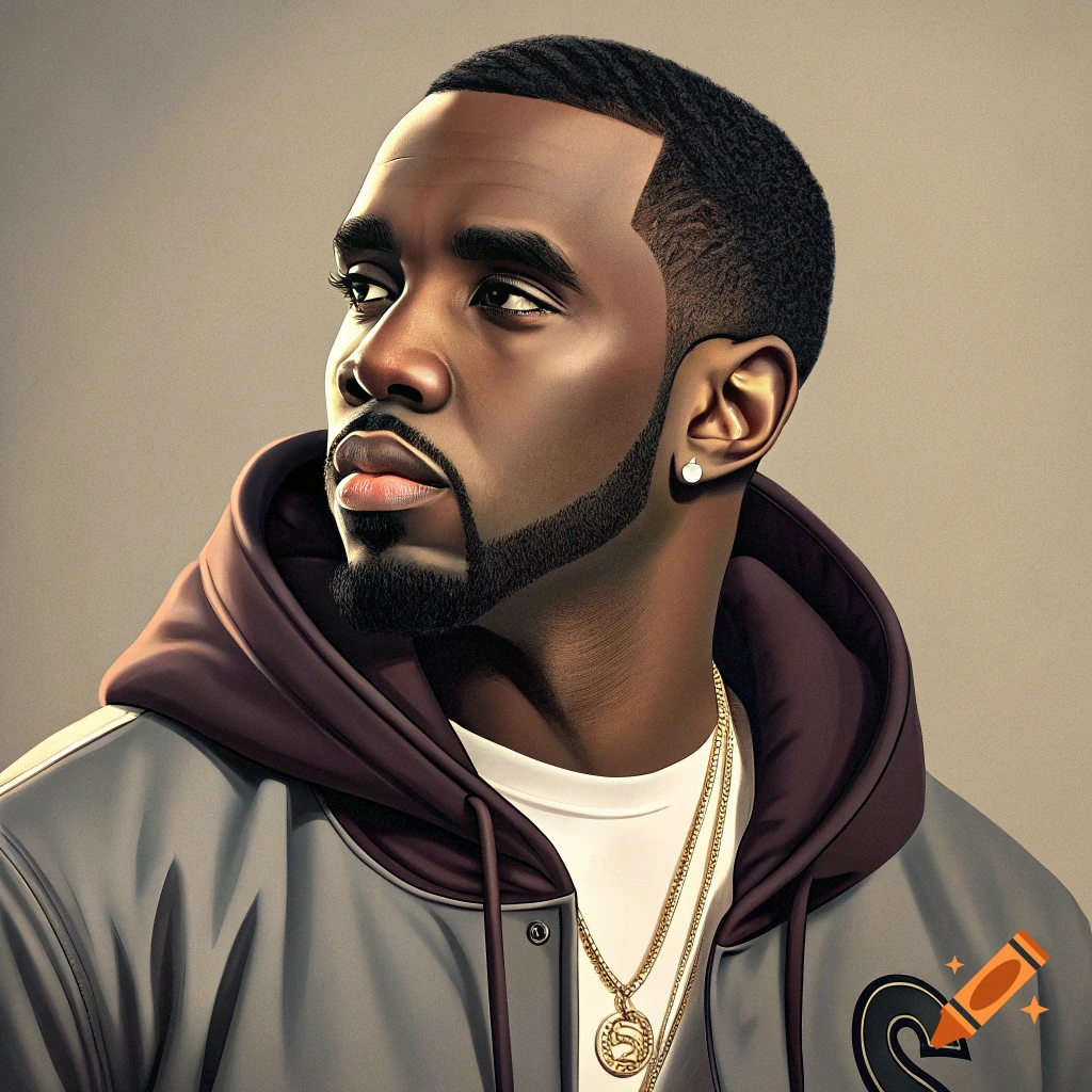 Portrait of a man resembling Drake and Diddy, wearing a hoodie, jacket, and gold chains.