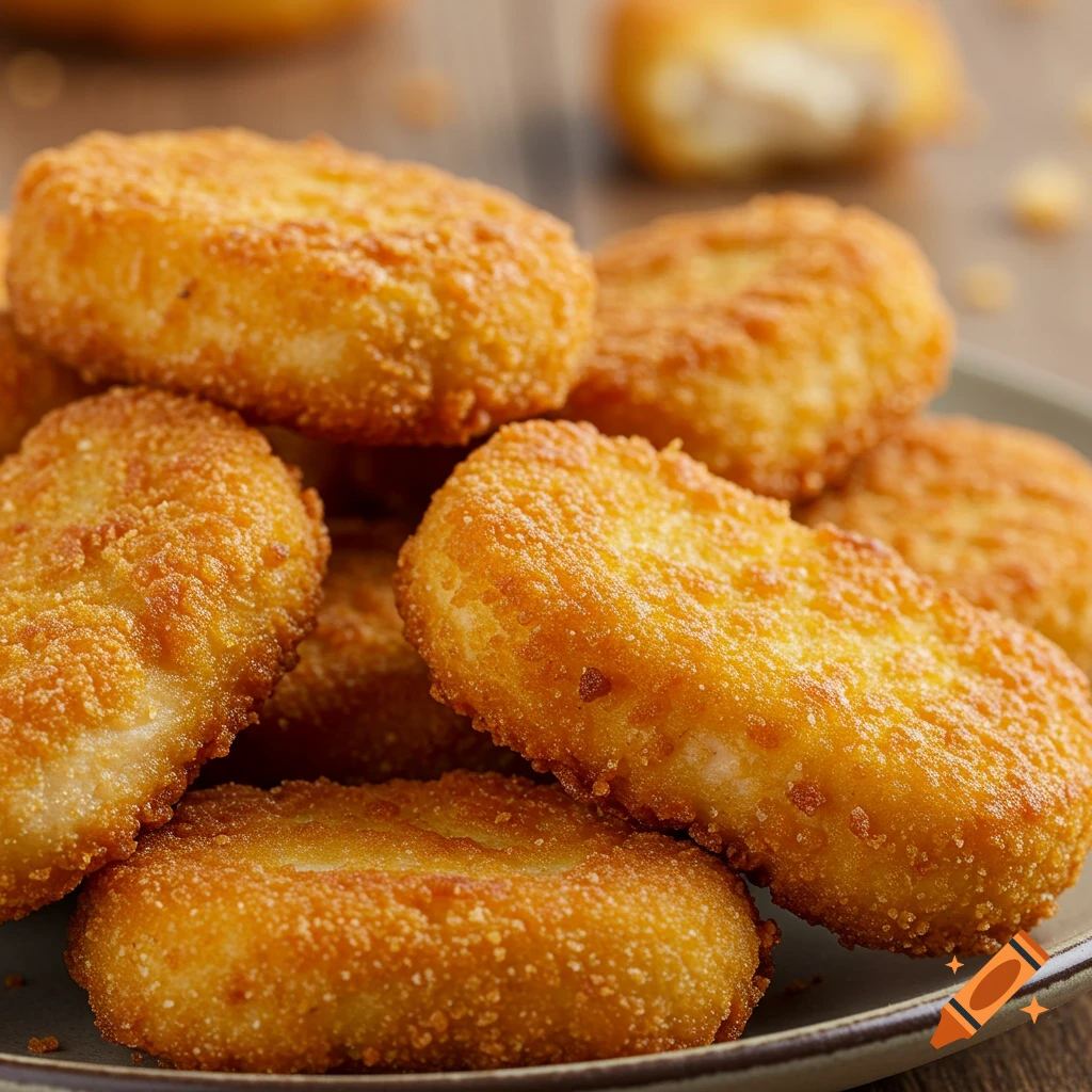 Close-up of golden-brown chicken nuggets on a plate
