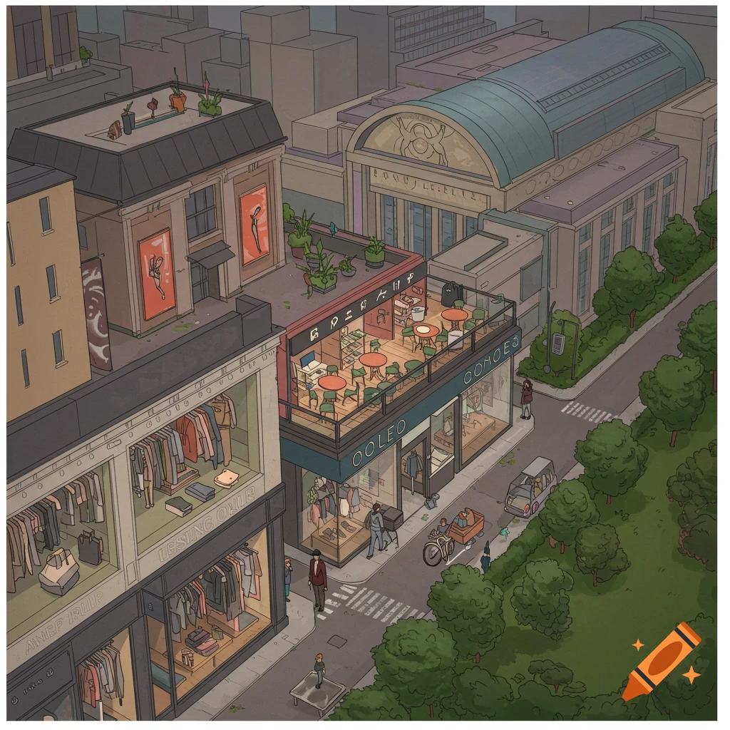 Illustration of an isometric urban scene with shops, cafe, museum, street, and people.