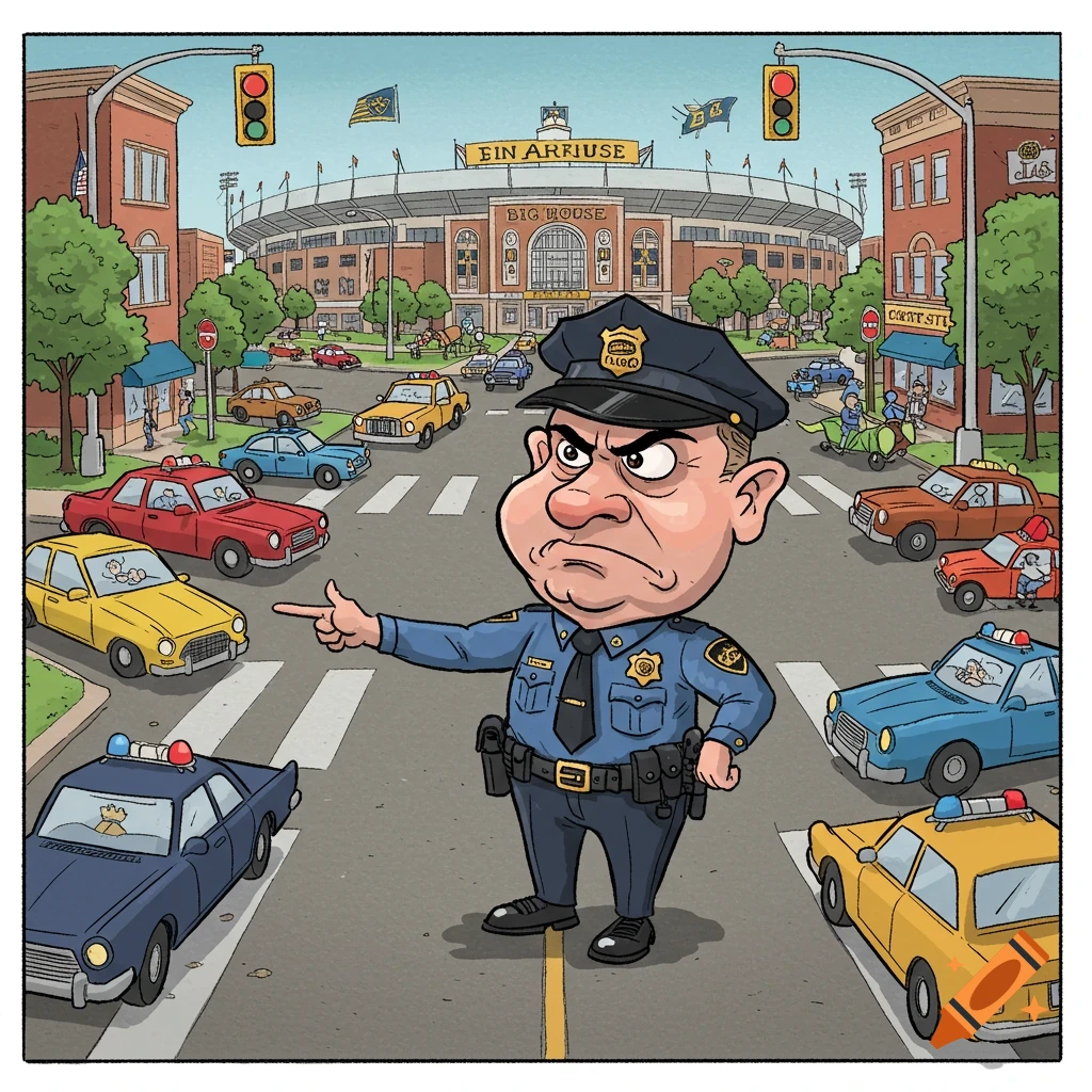 Cartoon policeman directs traffic in front of a stadium in a city.