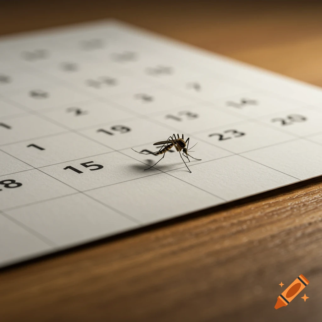 A mosquito rests on a calendar.