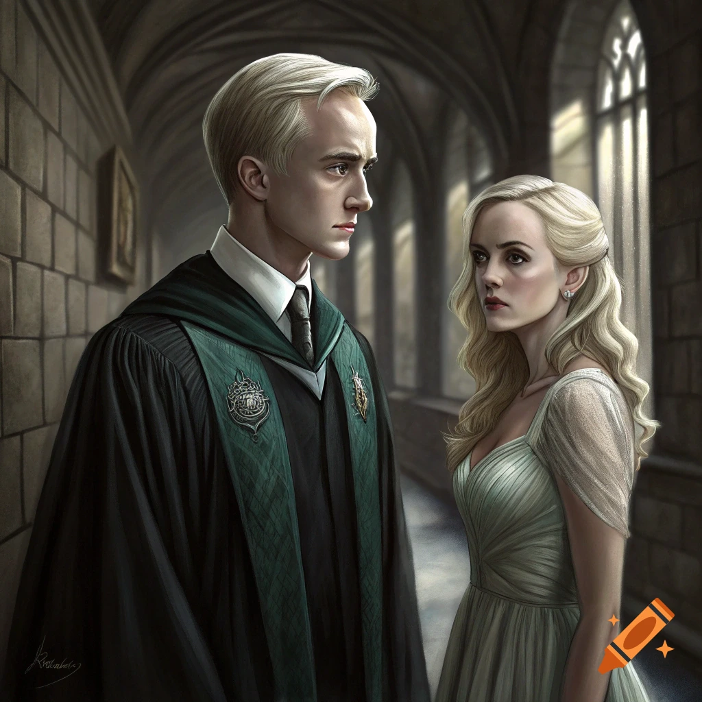 An illustrated portrait of a man in green and black robes and a blonde woman in a dress standing in a castle corridor.