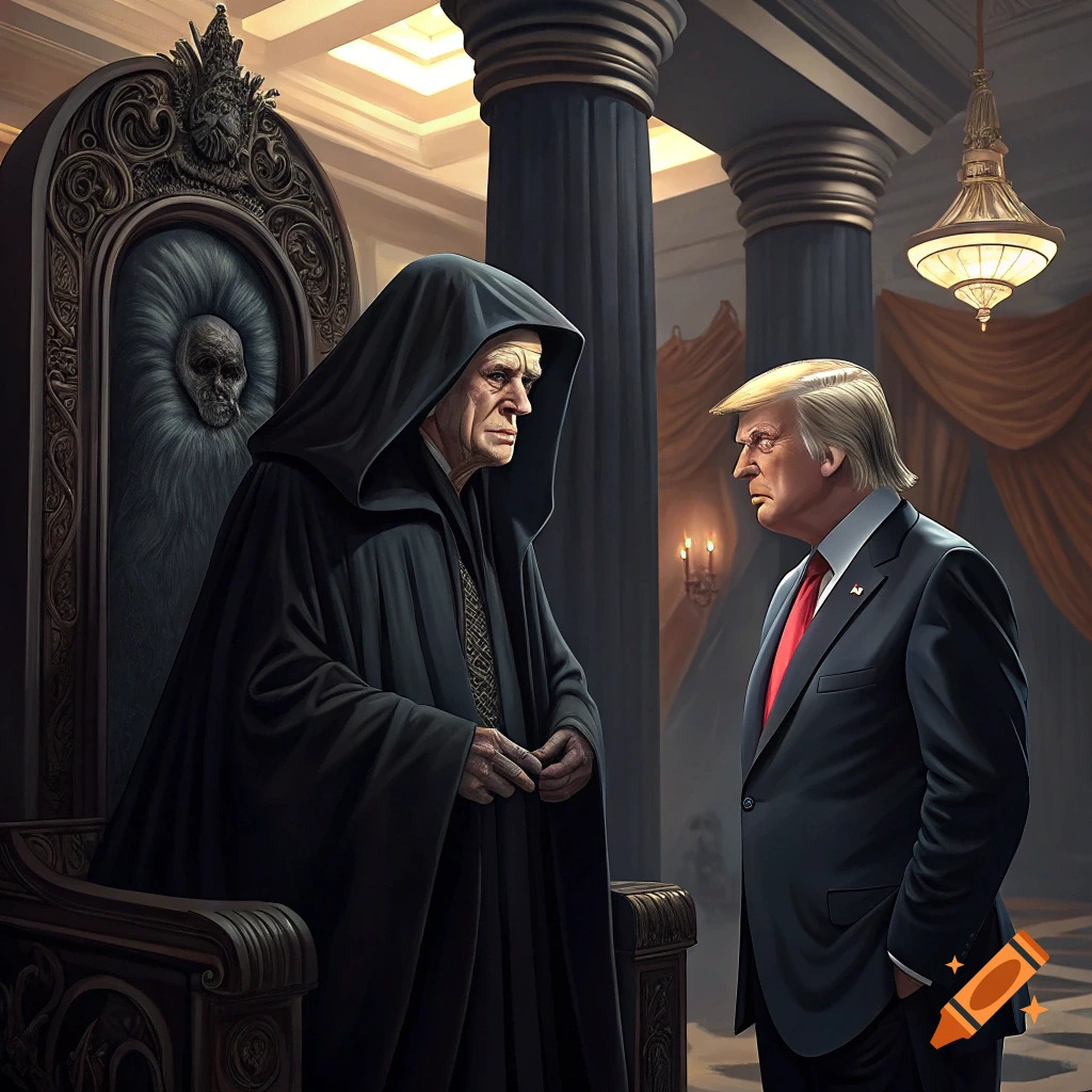 Illustration of Emperor Palpatine on a throne talking to Donald Trump in a dark, formal setting.