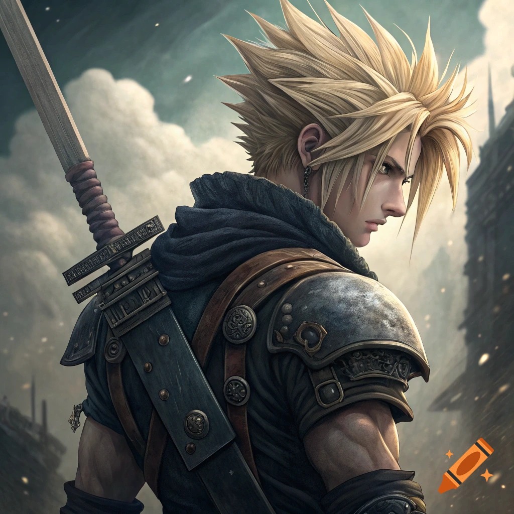 Portrait of a blond man with spiky hair and armor, a large sword on his back, in a fantasy style.