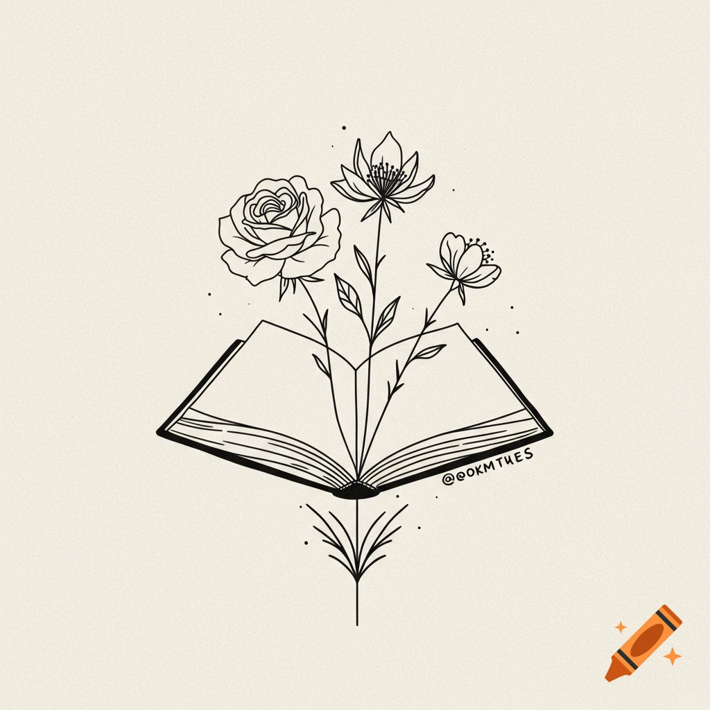 Minimalist line art of flowers growing from an open book