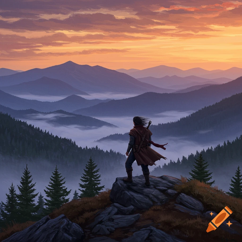 A lone traveler stands on a rock, gazing out at a foggy mountain valley bathed in the warm glow of sunset.