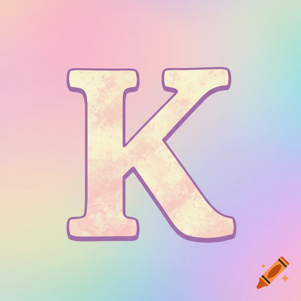Large letter K on a pastel rainbow background.