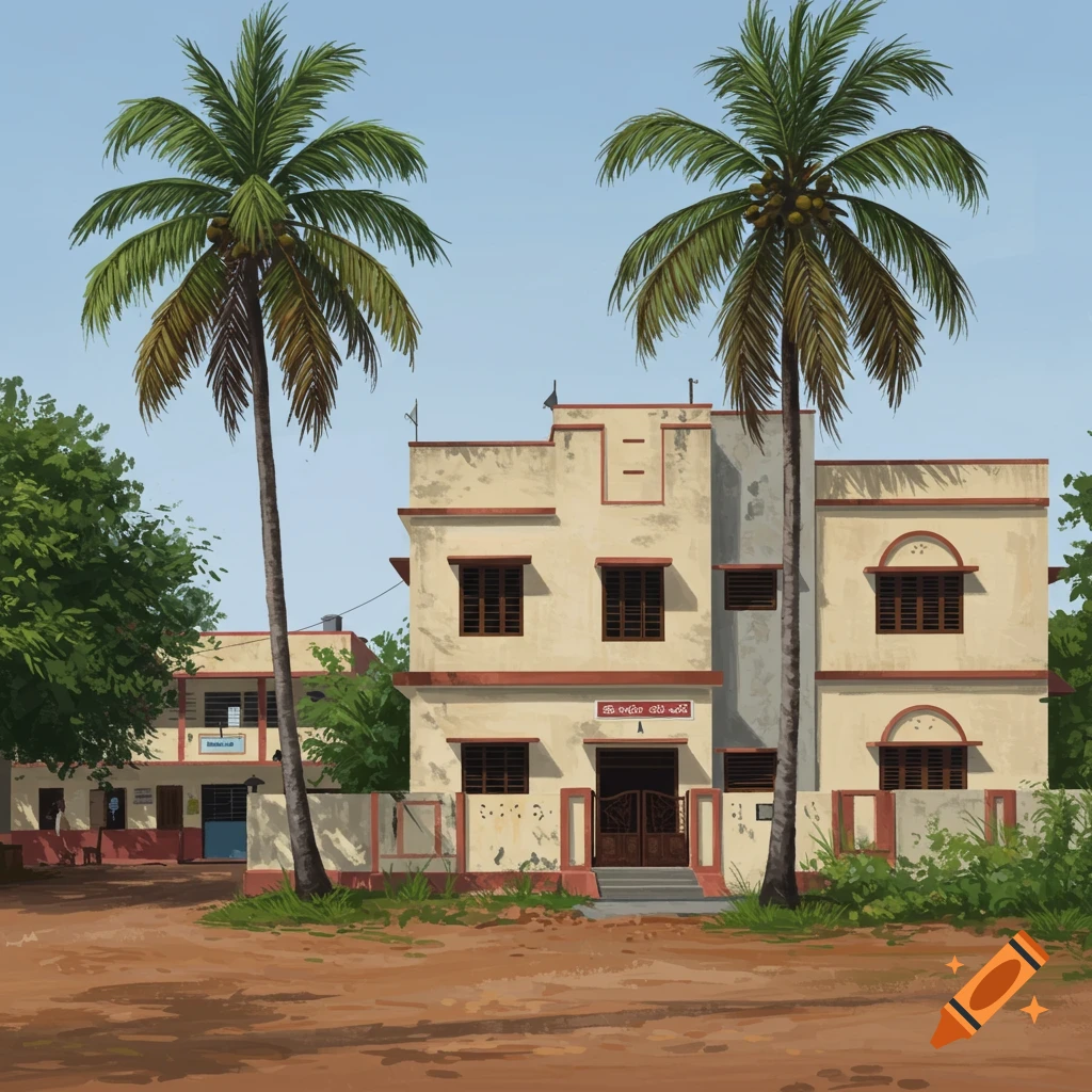 A house with coconut trees and another building in a rural setting.
