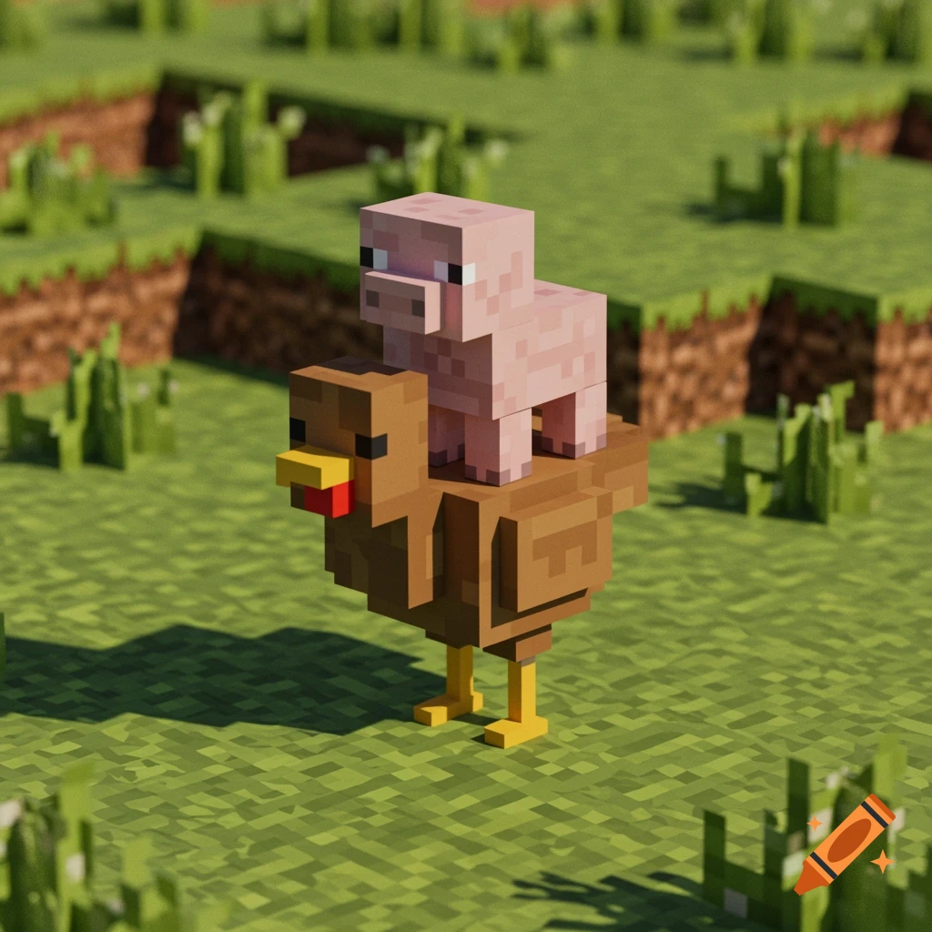 A blocky pink pig rides a blocky brown chicken in a grassy Minecraft-style landscape.