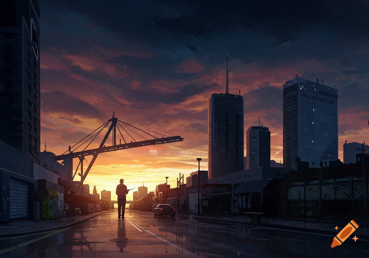 A person walking down a wet street in a city at sunset with buildings and a bridge.