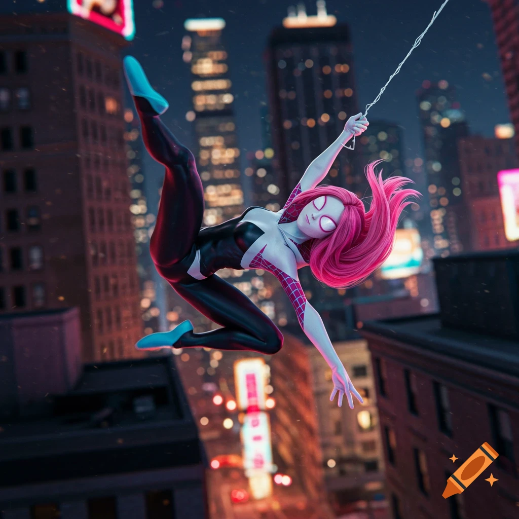 Stylized depiction of Spider-Gwen swinging on a web through a nighttime city.