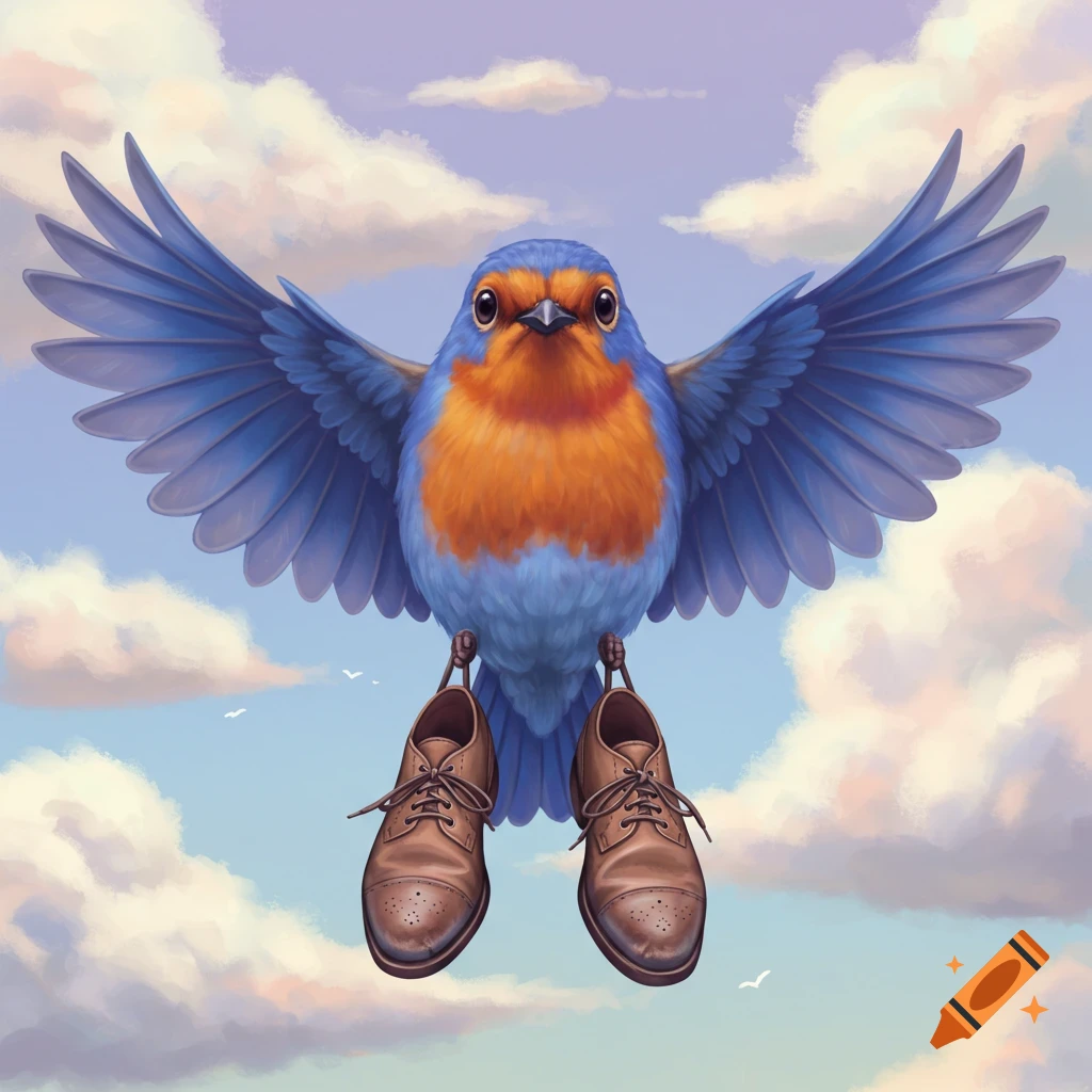 A blue and orange bird flying with brown shoes