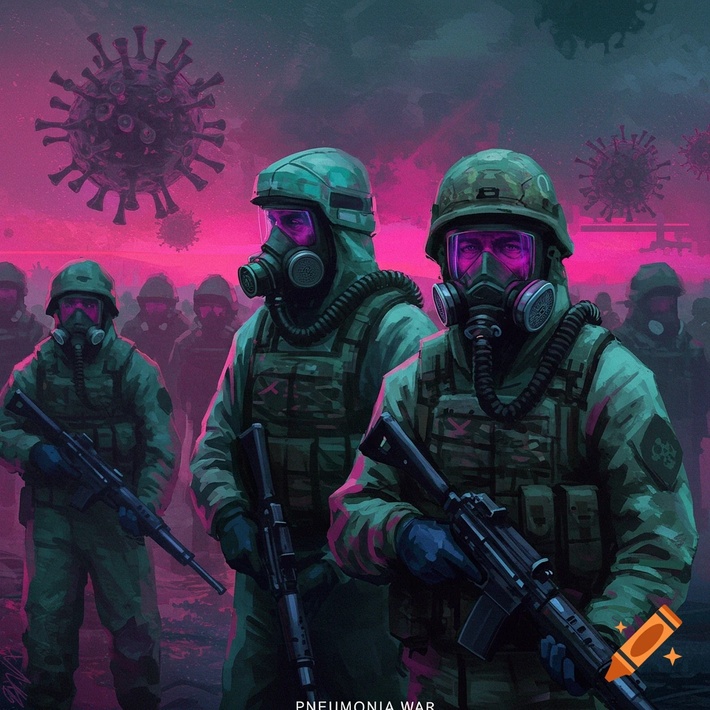 Soldiers in gas masks standing under a pink sky with large virus shapes.
