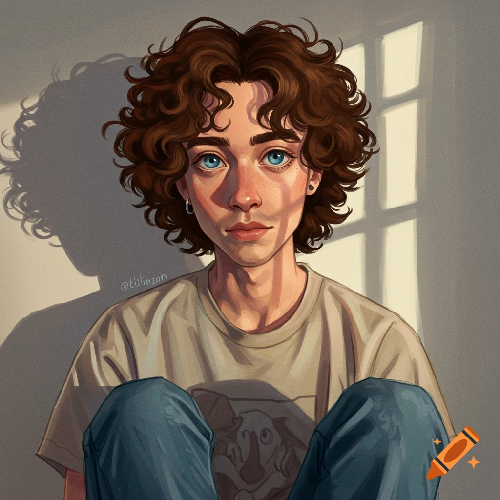 A person with curly brown hair and blue eyes sits in sunlight.