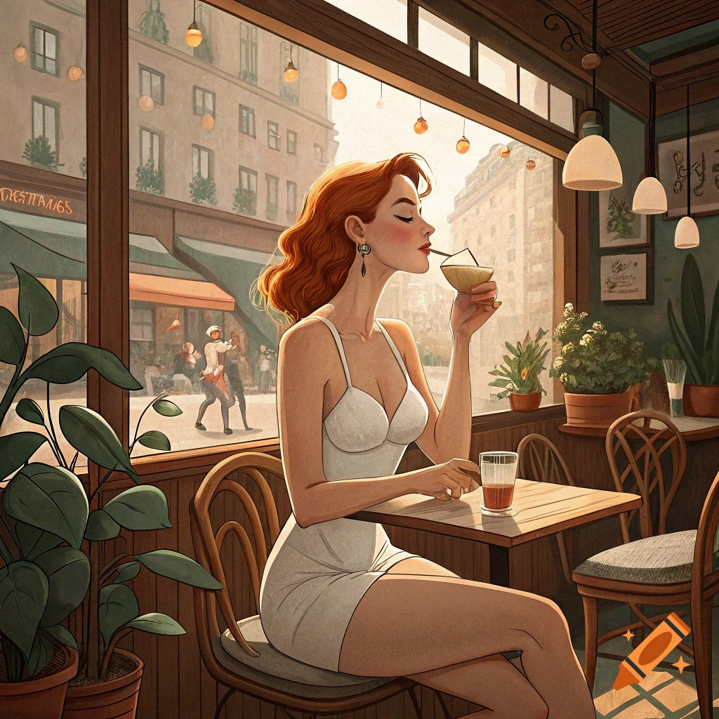 Illustrative image of a redhead woman drinking in a cafe.