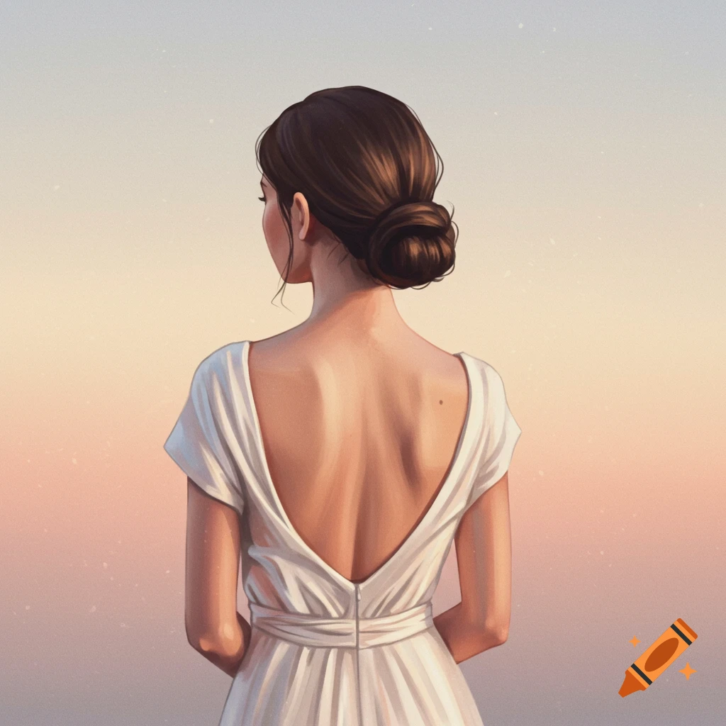 A woman seen from the back, with brown hair styled in a bun and wearing a white dress with a low-cut back, against a soft gradient background.