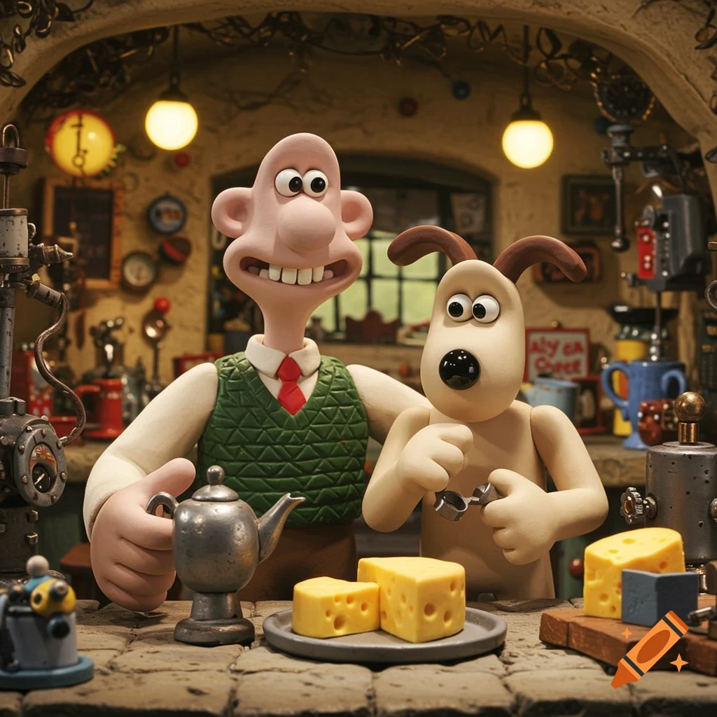 Wallace and Gromit in a stop-motion kitchen workshop with cheese and gadgets.