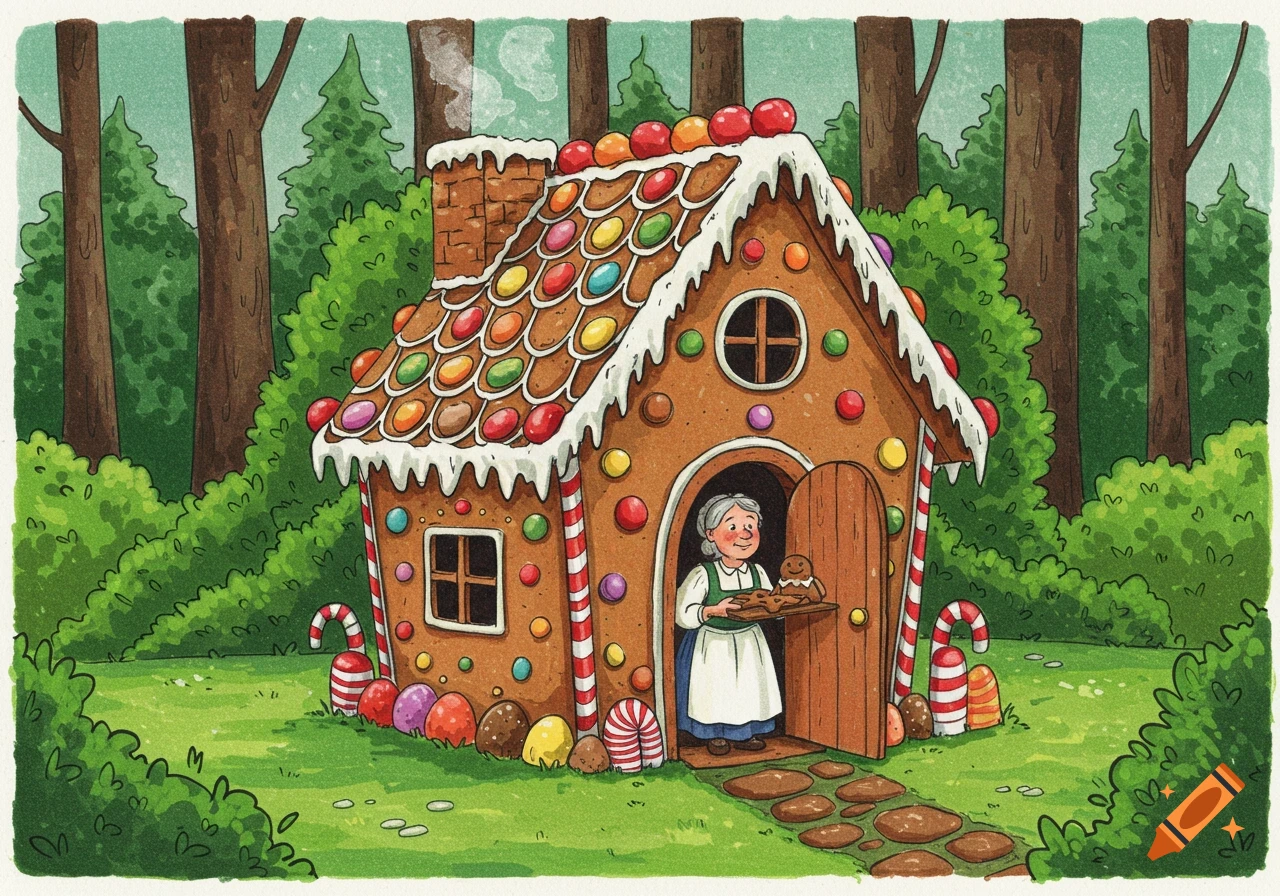 Illustration of a gingerbread house in a forest with an old woman holding cookies in the doorway.