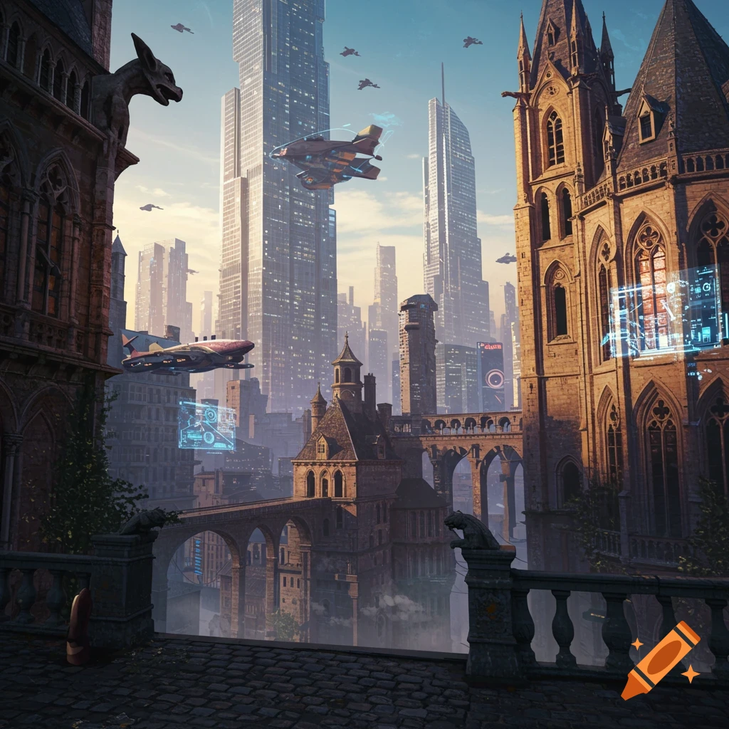 A futuristic cityscape blending old architecture with skyscrapers and flying vehicles.