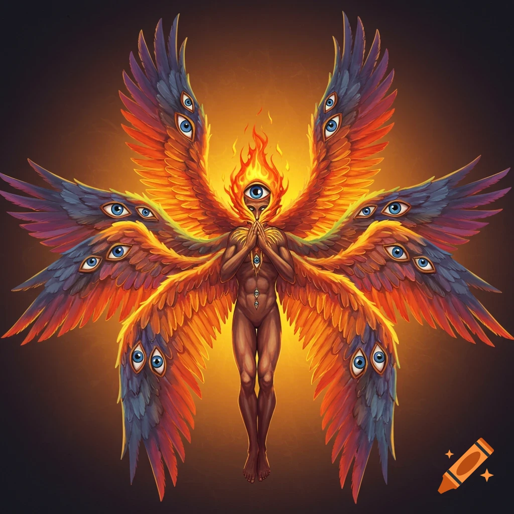 Illustrative art of a seraphim, a multi-winged celestial being covered in eyes, with fiery elements and praying hands.