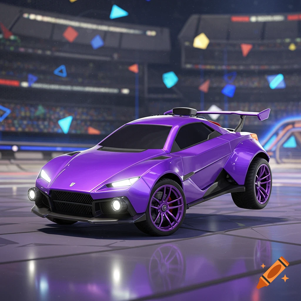 A purple Fennec car from Rocket League in a stadium.
