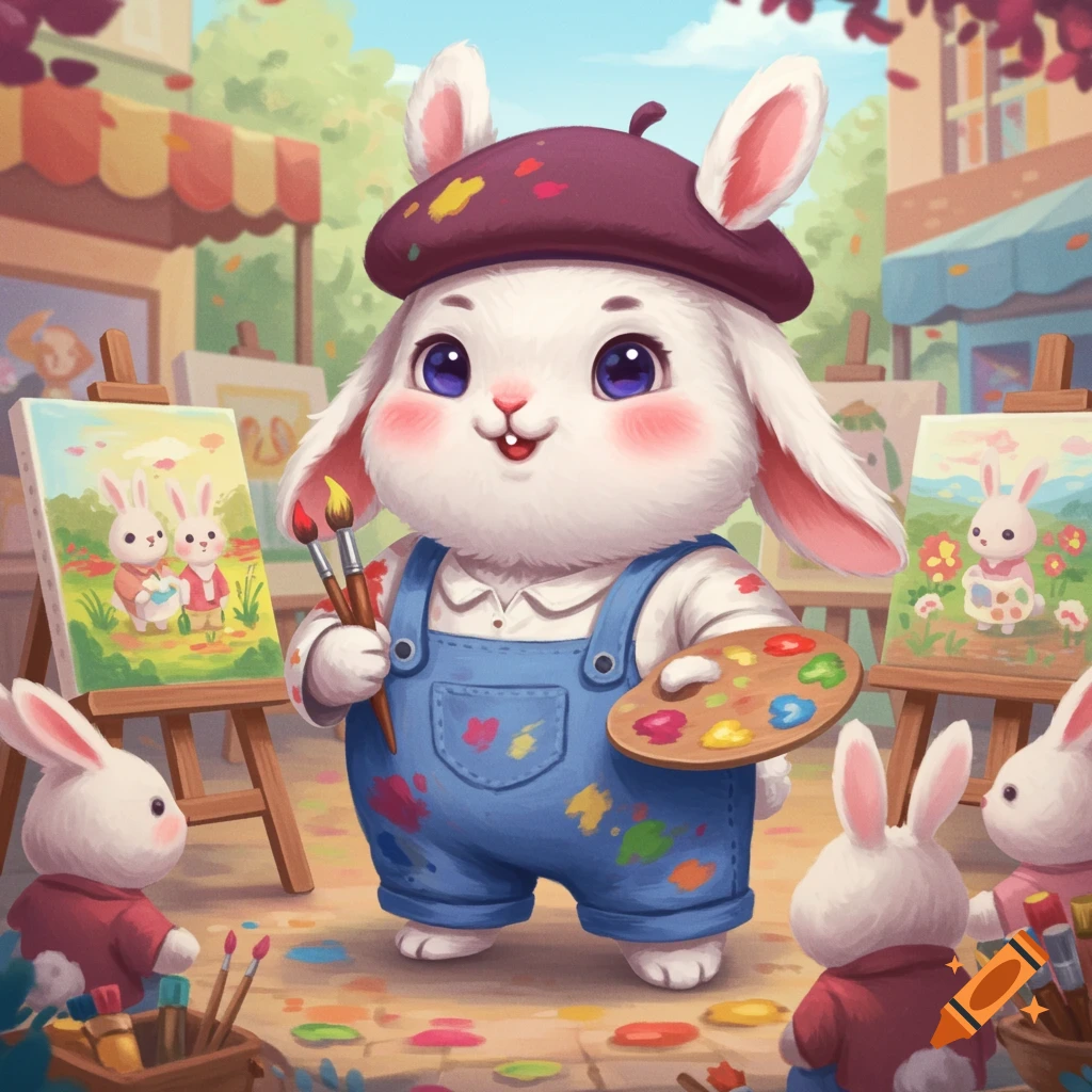 Cute cartoon rabbit artist in a beret and overalls holds a paintbrush and palette, surrounded by other rabbits and paintings.