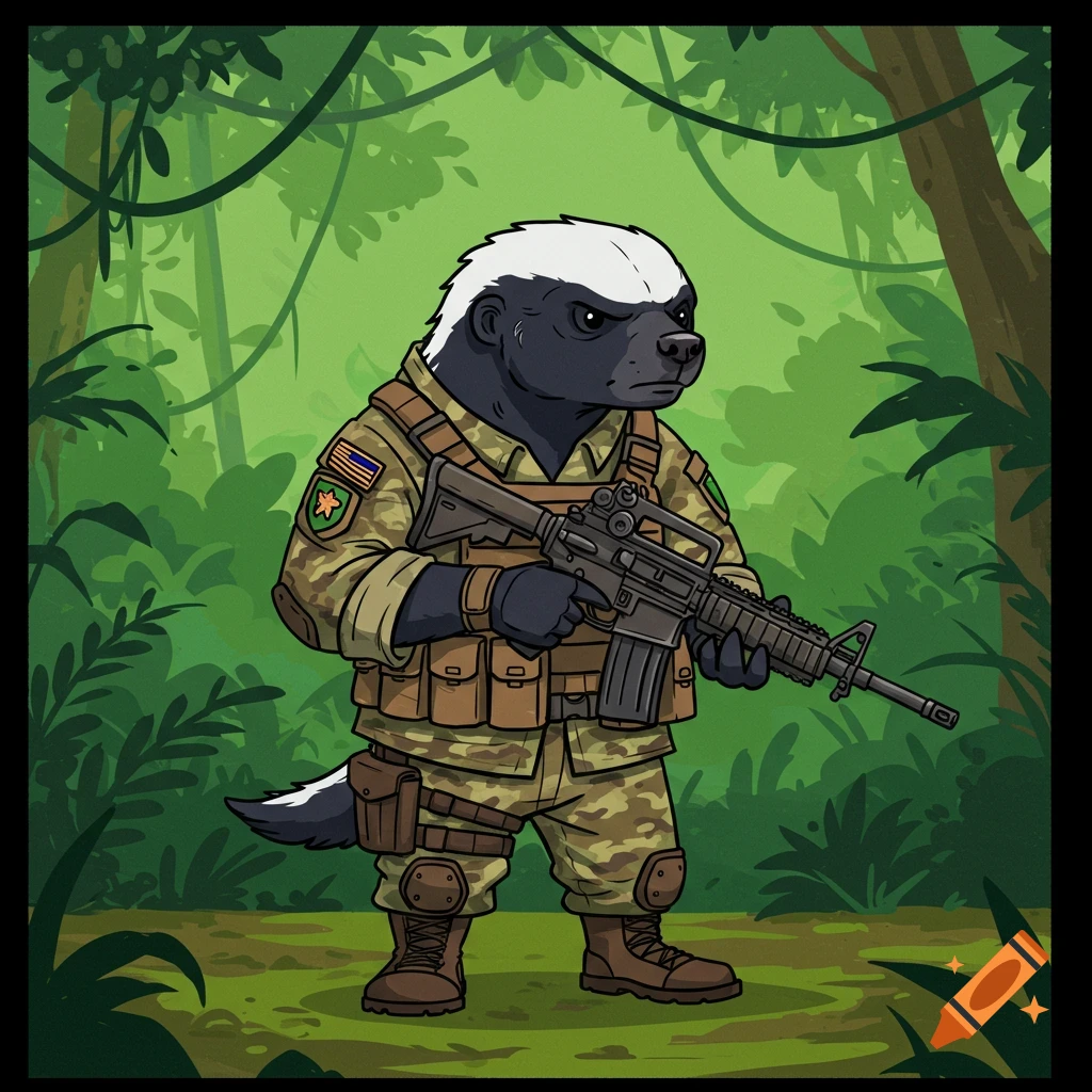 Cartoon honey badger in military camouflage holding a rifle in a jungle.