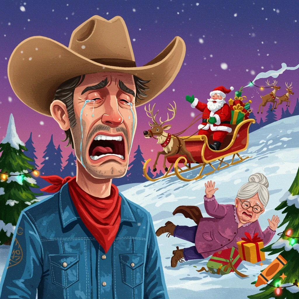 Cartoon illustration of a crying cowboy watching Santa's sleigh run over his grandmother in the snow.