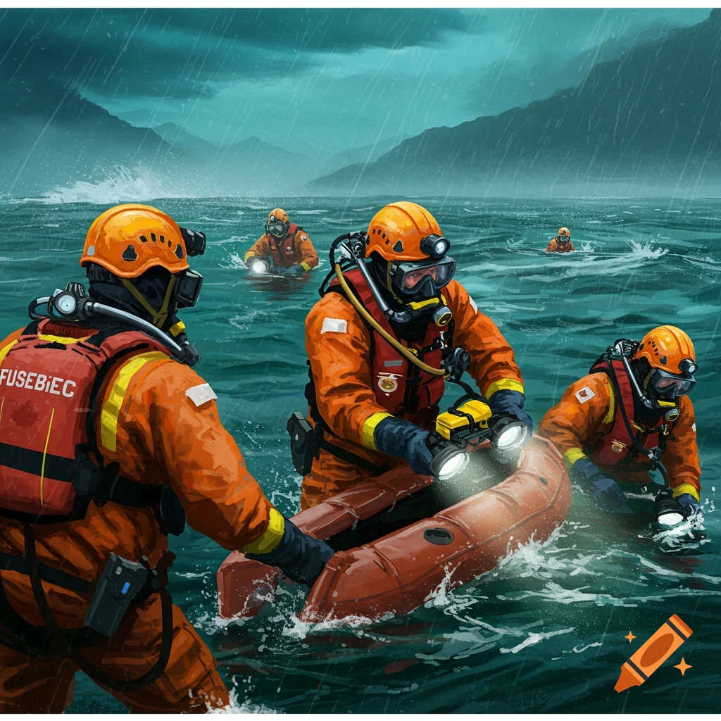 Rescue workers in orange suits with an inflatable boat in stormy ocean.