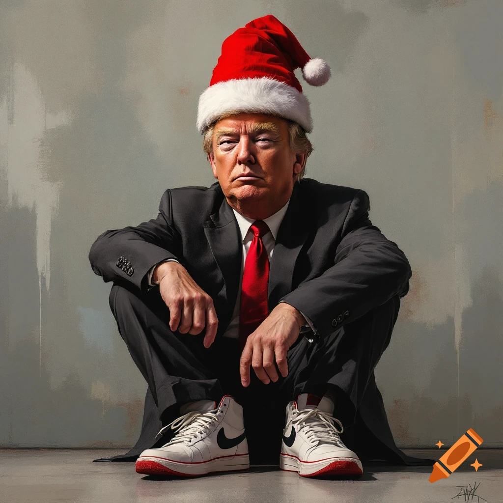 Portrait of Donald Trump in a Santa hat, suit, and sneakers, squatting.