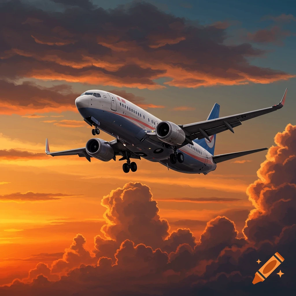 An airplane flying through a sunset sky with dramatic clouds.